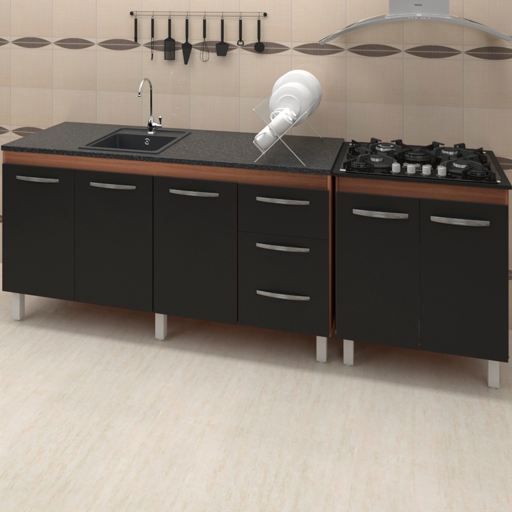 Balcao Pia 150cm e Cooktop 5 Bocas Savana Preto Mobbs