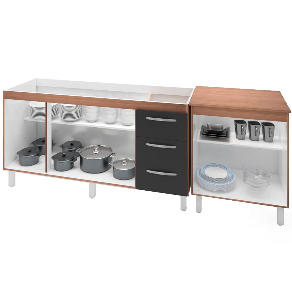 Balcao Pia 150cm e Multiuso 2 Portas 70cm Savana Preto Mobbs