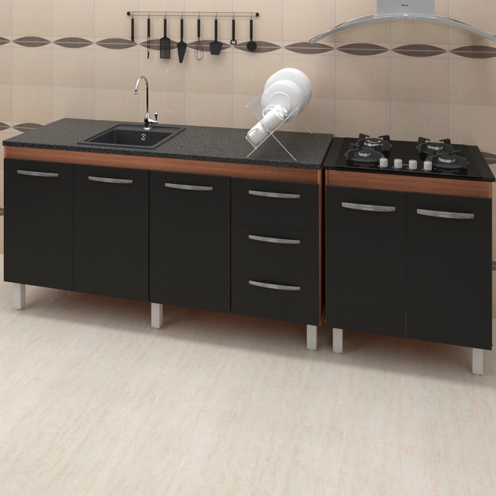 Balcao Pia 160cm e Cooktop 4 Bocas Savana Preto Mobbs