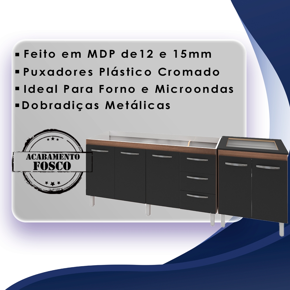 Balcao Pia 160cm e Cooktop 4 Bocas Savana Preto Mobbs