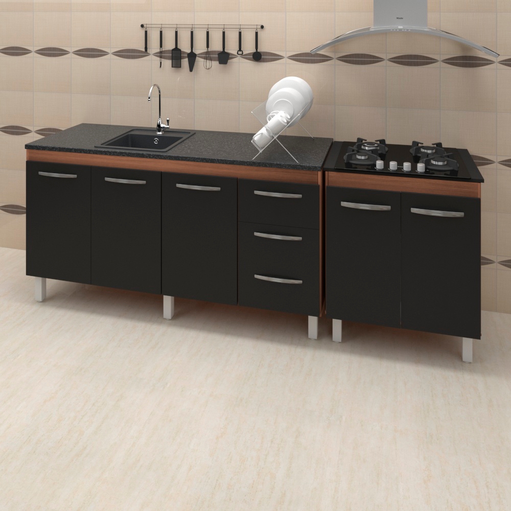 Balcao Pia 160cm e Cooktop 4 Bocas Savana Preto Mobbs
