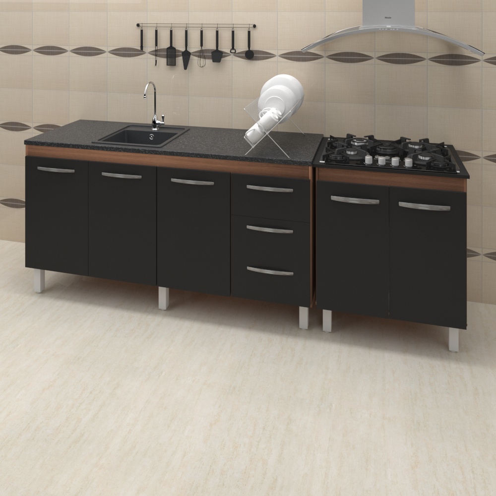 Balcao Pia 160cm e Cooktop 5 Bocas Savana Preto Mobbs