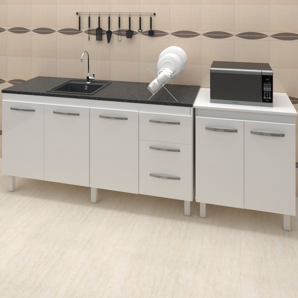 Balcao Pia 160cm e Multiuso 2 Portas 70cm Branco Mobbs