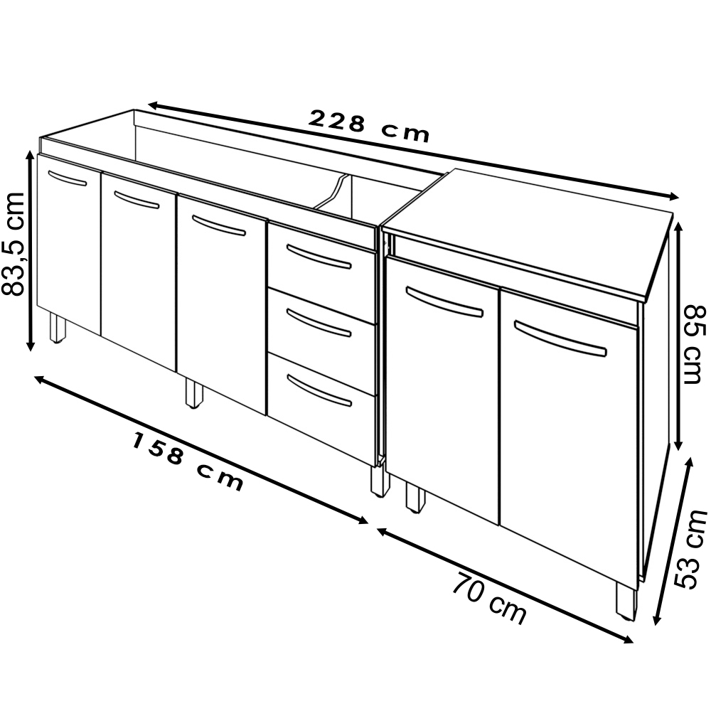 Balcao Pia 160cm e Multiuso 2 Portas 70cm Branco Mobbs