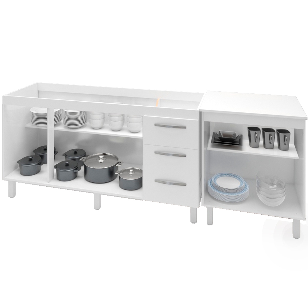 Balcao Pia 160cm e Multiuso 2 Portas 70cm Branco Mobbs