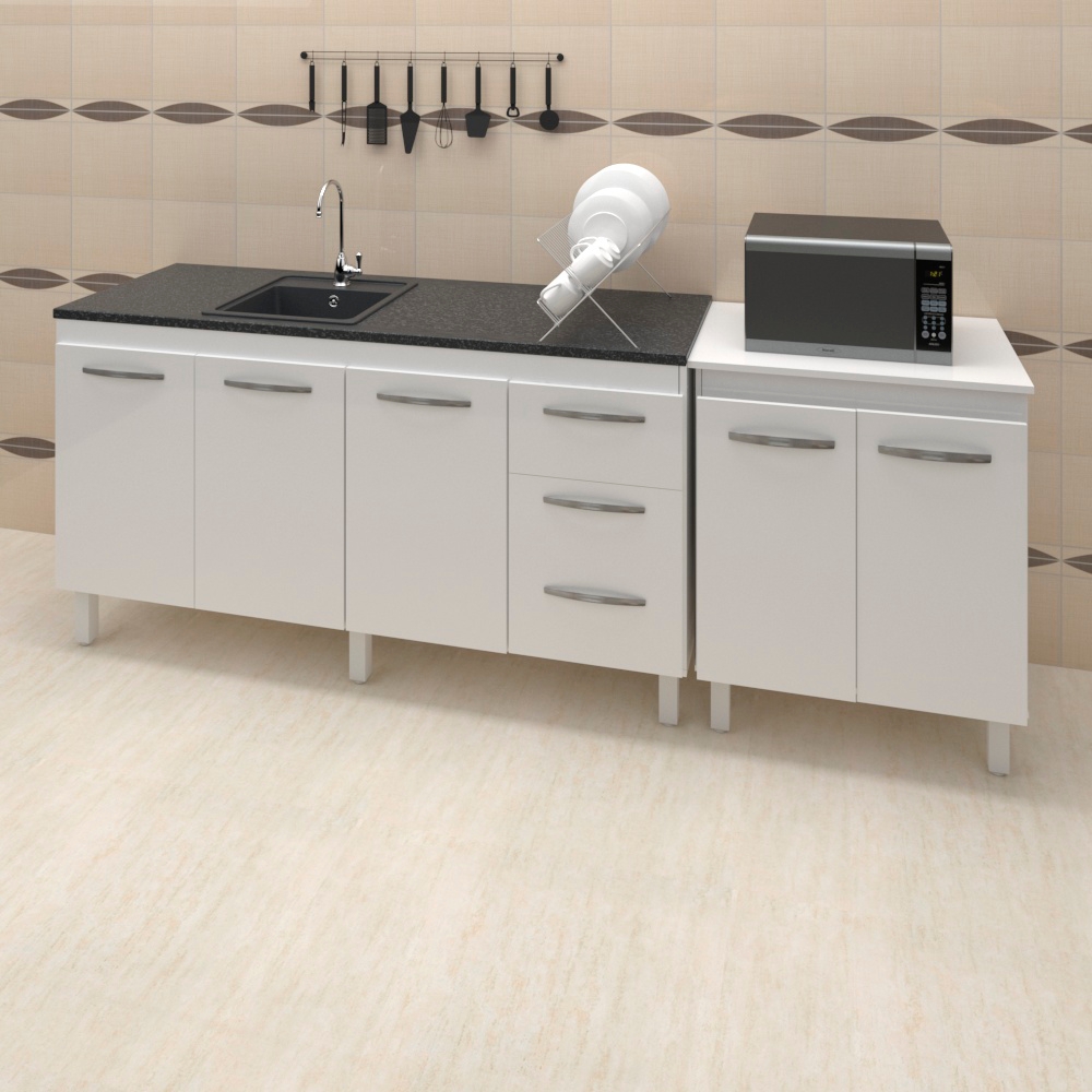 Balcao Pia 160cm e Multiuso 2 Portas 70cm Branco Mobbs