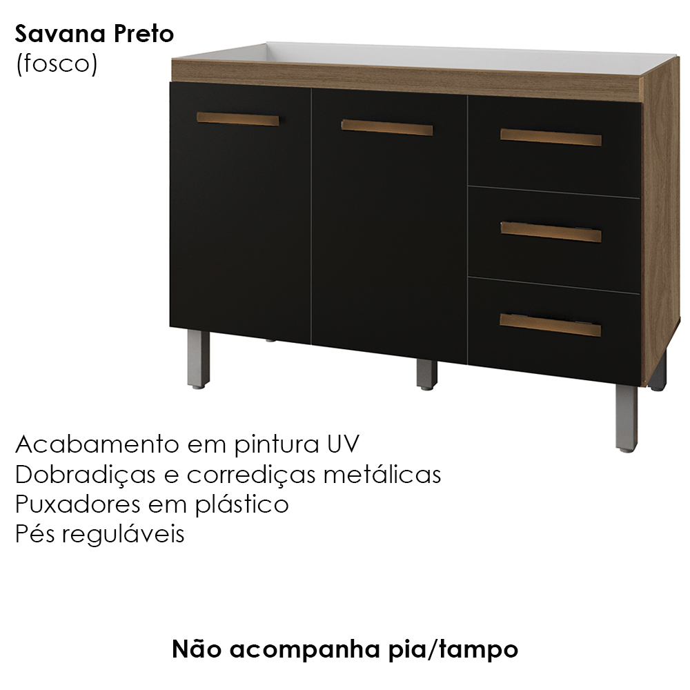 Balcao Sem Tampo Para Pia 120cm 9110 Savana Preto Mobbs