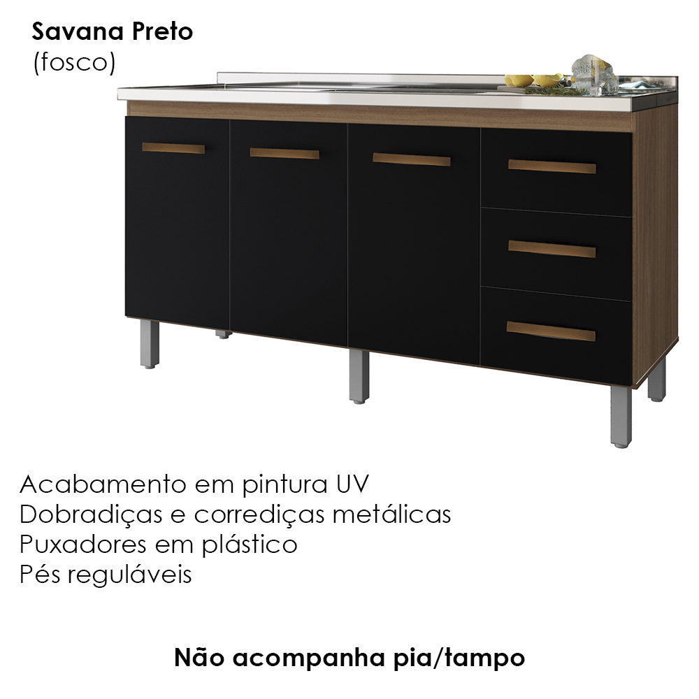 Balcao Sem Tampo Para Pia 150cm 9130 Savana Preto Mobbs