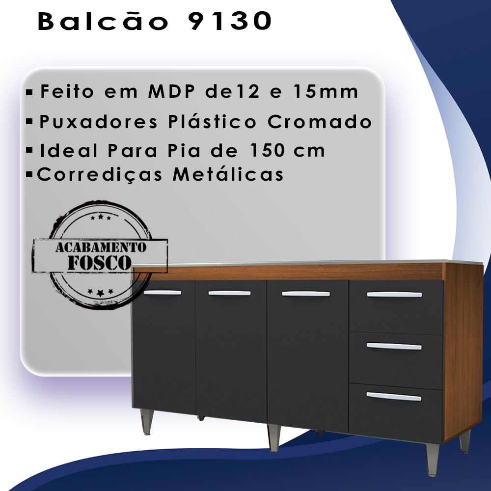 Balcao Sem Tampo Para Pia 150cm 9130 Savana Preto Mobbs