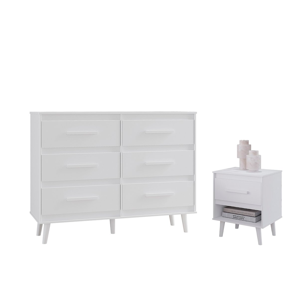 Cômoda 6 Gavetas Pé Palito e Mesa de Cabeceira 1 Gaveta Lima Branco