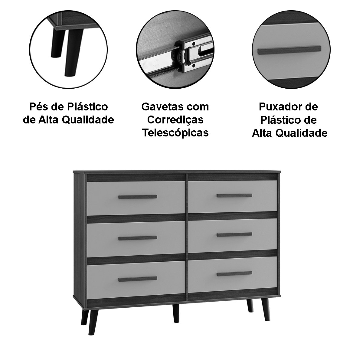 Cômoda 6 Gavetas Pé Palito e Mesa de Cabeceira 1 Gaveta Lima Branco