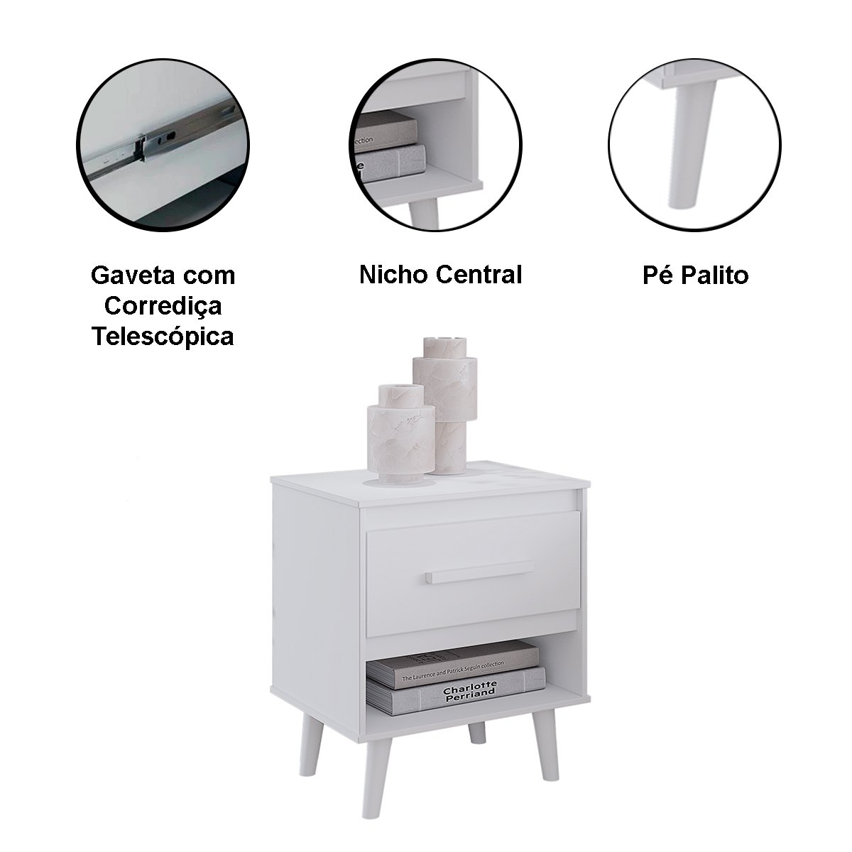 Cômoda 6 Gavetas Pé Palito e Mesa de Cabeceira 1 Gaveta Lima Branco