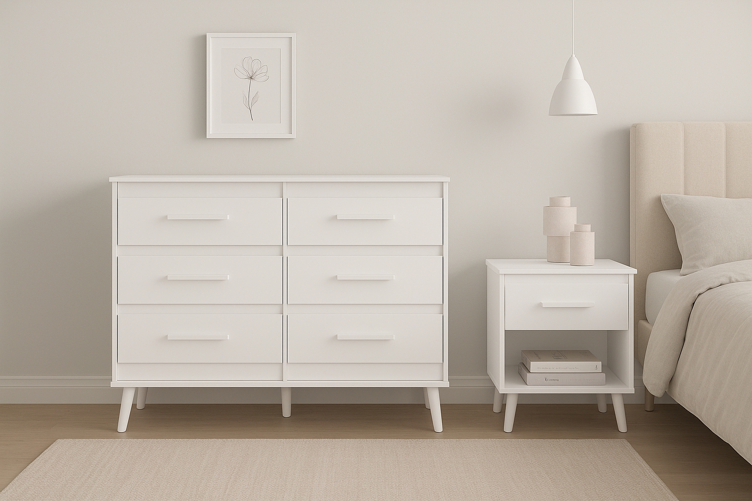 Cômoda 6 Gavetas Pé Palito e Mesa de Cabeceira 1 Gaveta Lima Branco