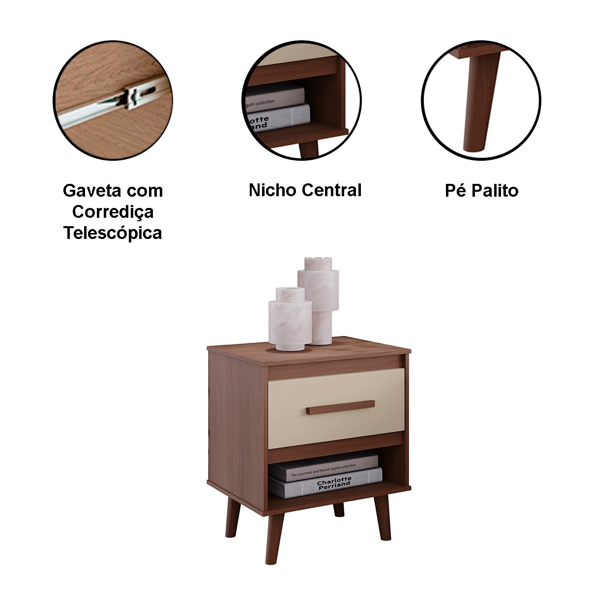 Cômoda 6 Gavetas Pé Palito e Mesa de Cabeceira 1 Gaveta Lima Savana / Off White