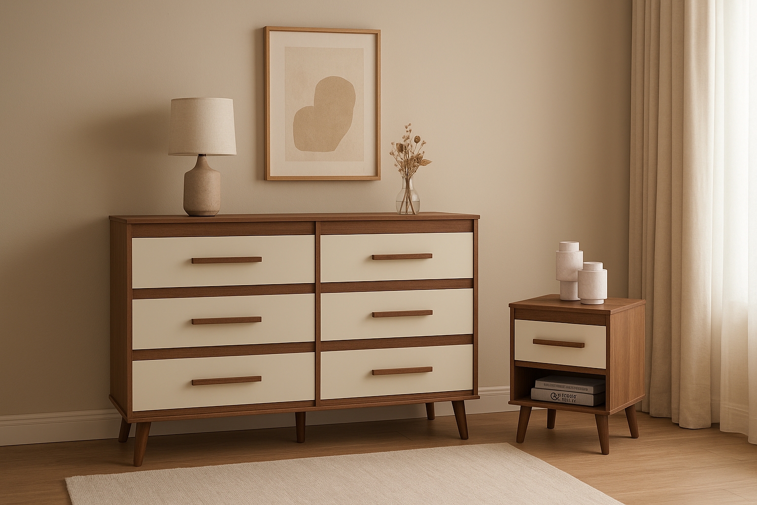 Cômoda 6 Gavetas Pé Palito e Mesa de Cabeceira 1 Gaveta Lima Savana / Off White