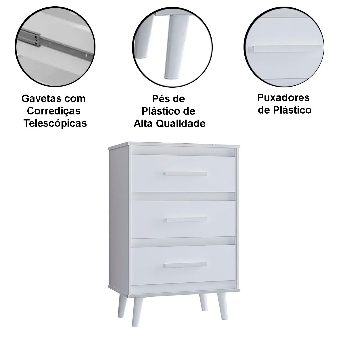 Cômoda para Quarto Pé Palito 3 Gavetas Lima Branco