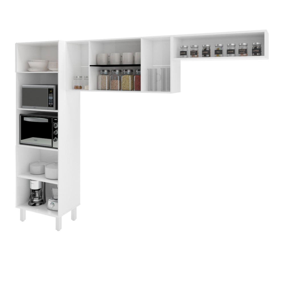 Cozinha 3 Peças Torre Quente Paneleiro Aéreo de Geladeira e Aéreo de 120 cm Branco Frente Preta 