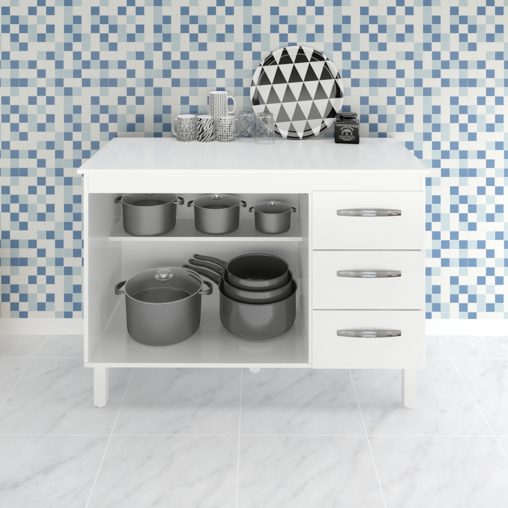 Kit Balcão Cozinha Gabinete Bianca 118 cm Branco com Tampo Tampão 120 cm Bianca Branco 