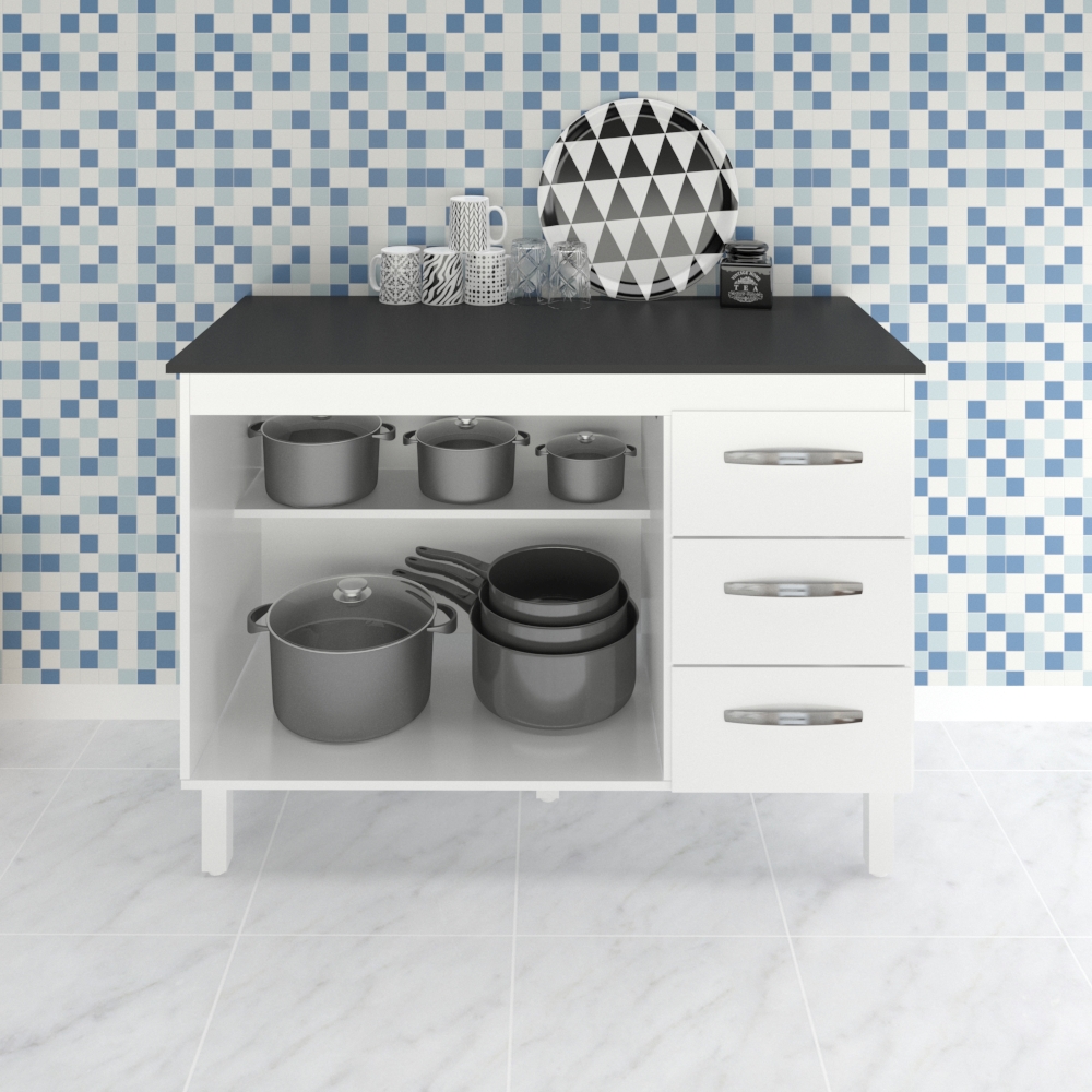 Kit Balcão Cozinha Gabinete Bianca 118 cm Branco com Tampo Tampão 120 cm Bianca Preto 
