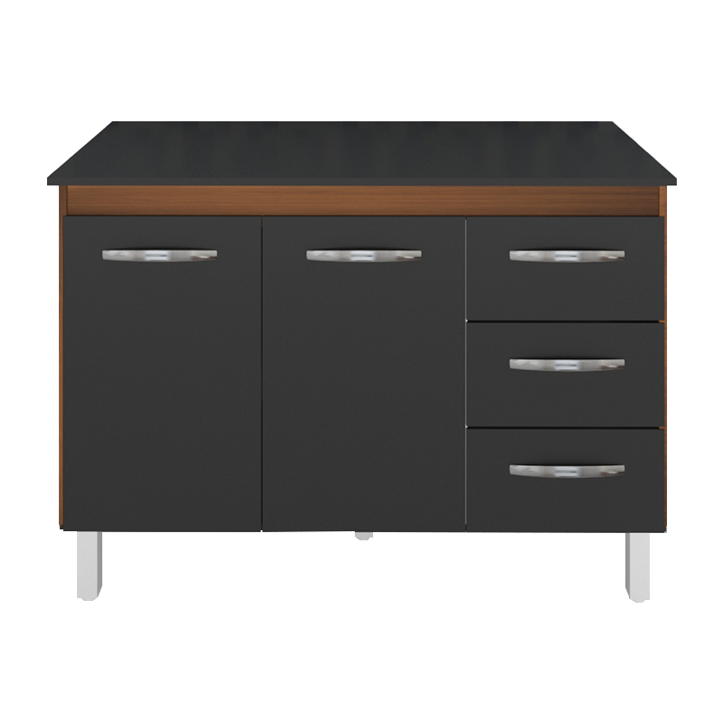 Kit Balcão Cozinha Gabinete Bianca 118 cm Savana Frente Preta com Tampo Tampão 120 cm Bianca Preto 