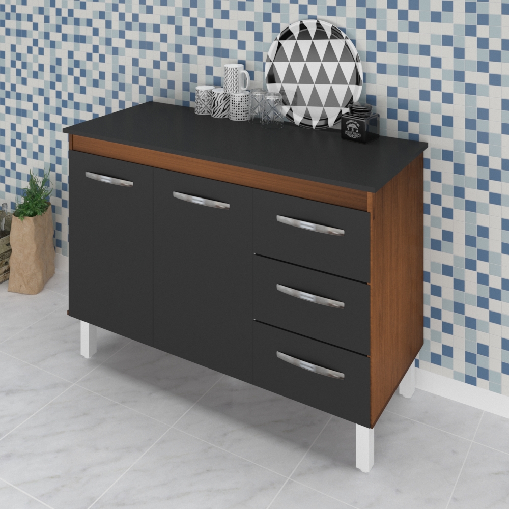 Kit Balcão Cozinha Gabinete Bianca 118 cm Savana Frente Preta com Tampo Tampão 120 cm Bianca Preto 