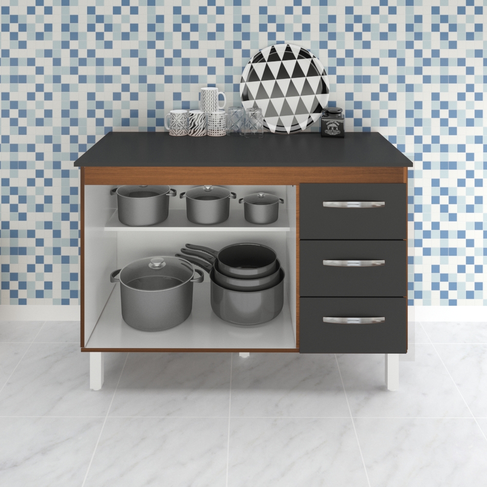 Kit Balcão Cozinha Gabinete Bianca 118 cm Savana Frente Preta com Tampo Tampão 120 cm Bianca Preto 
