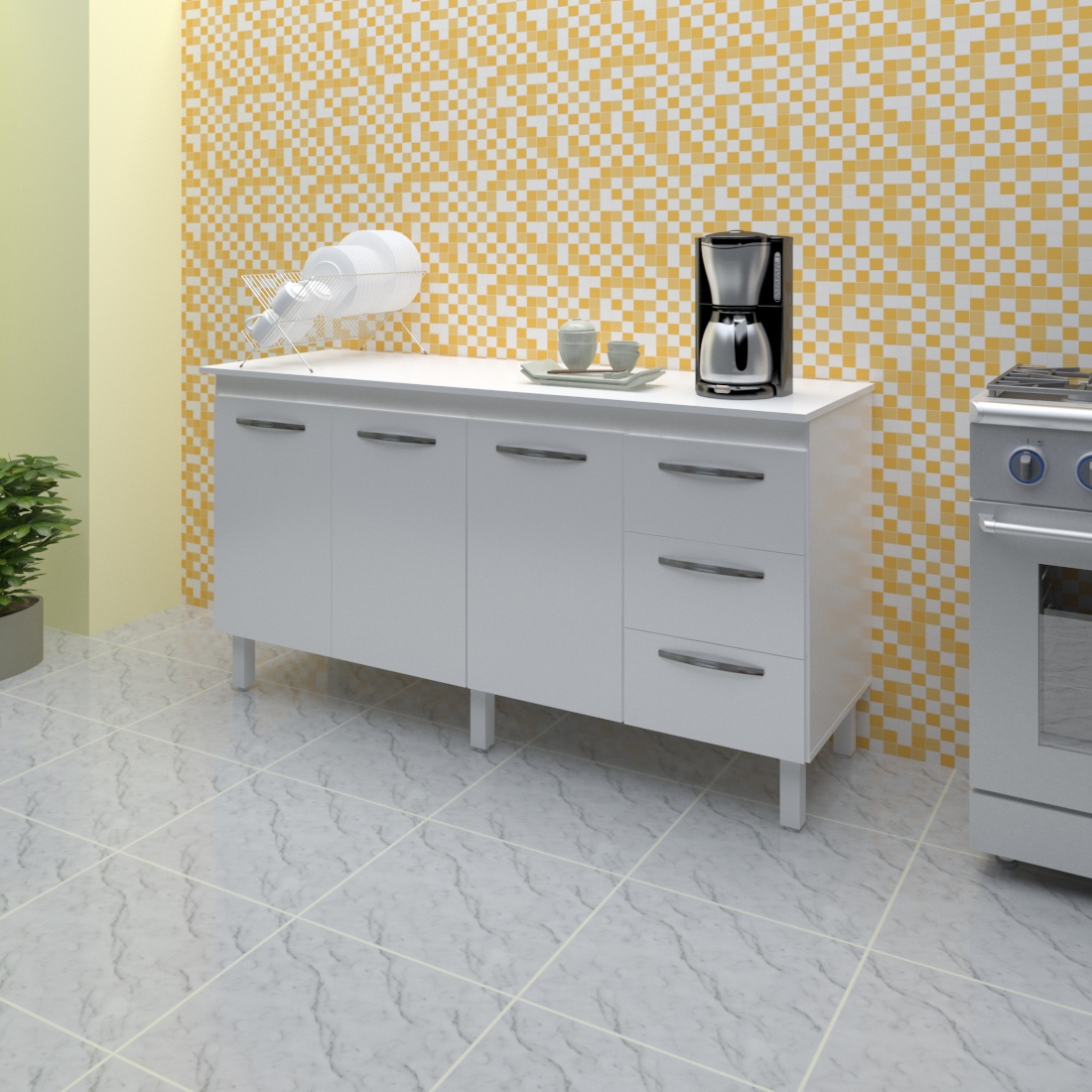 Kit Balcão Cozinha Gabinete Emily 157 cm Branco com Tampo Tampão 160 cm Emily Branco 