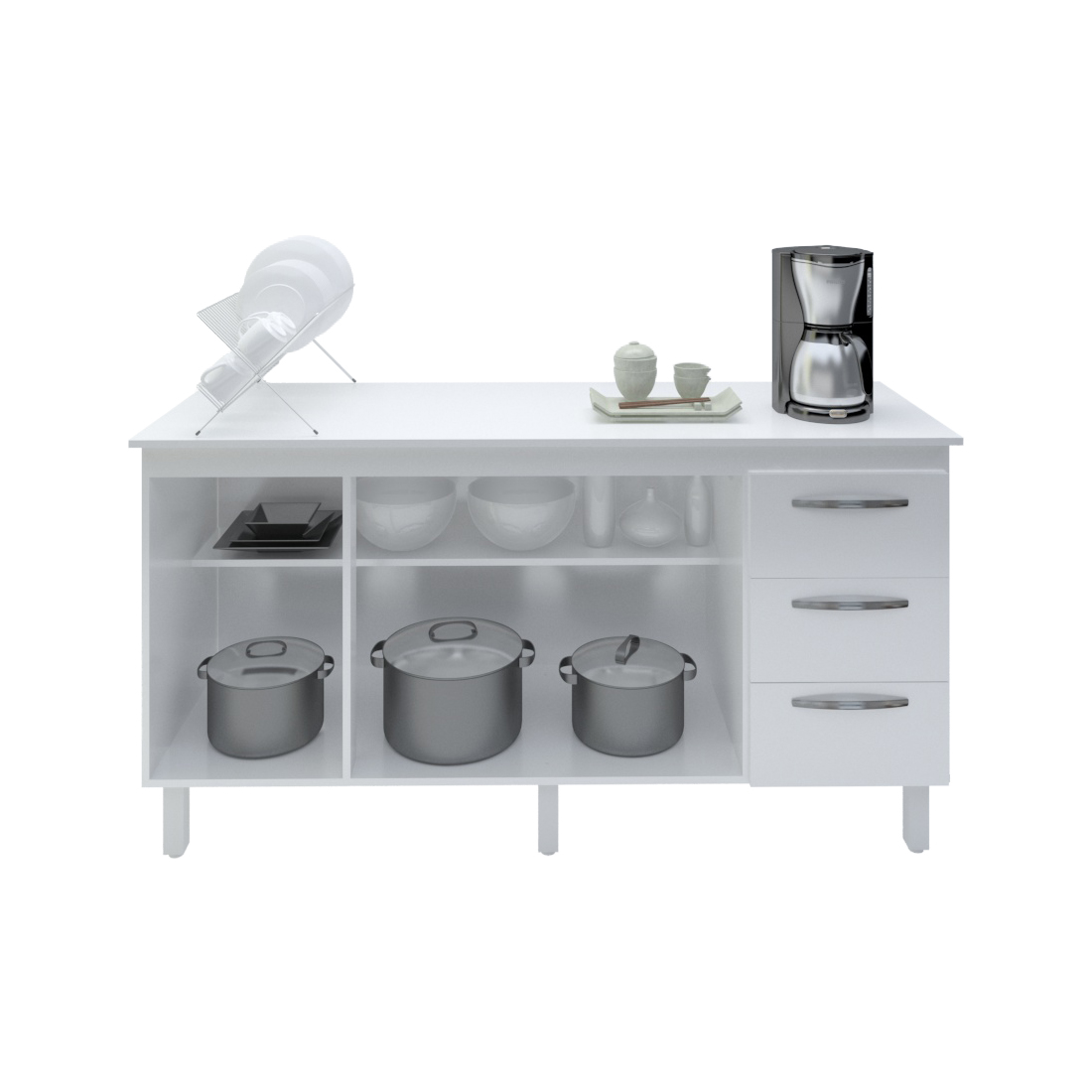 Kit Balcão Cozinha Gabinete Emily 157 cm Branco com Tampo Tampão 160 cm Emily Branco 
