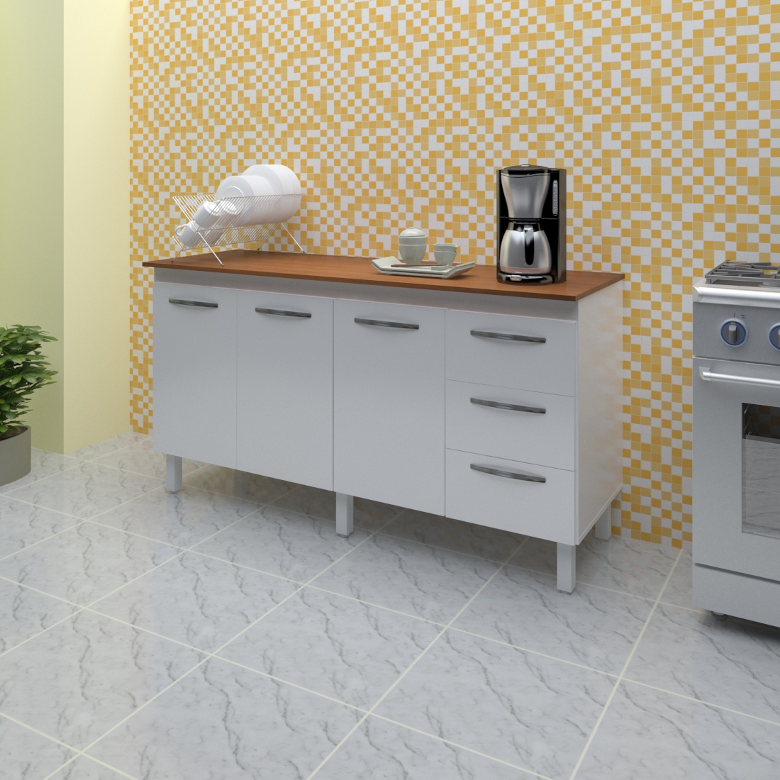 Kit Balcão Cozinha Gabinete Emily 157 cm Branco com Tampo Tampão 160 cm Emily Savana 