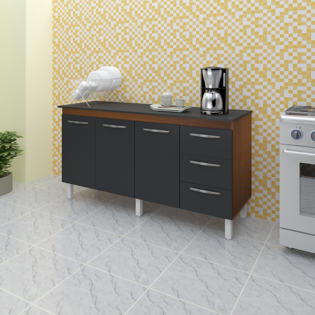 Kit Balcão Cozinha Gabinete Emily 157 cm Savana Frente Preta com Tampo Tampão 160 cm Emily Preto 