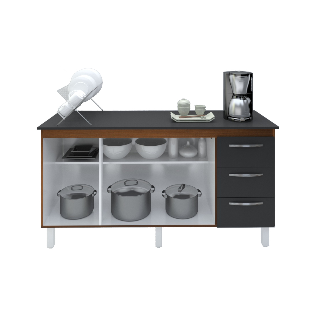 Kit Balcão Cozinha Gabinete Emily 157 cm Savana Frente Preta com Tampo Tampão 160 cm Emily Preto 