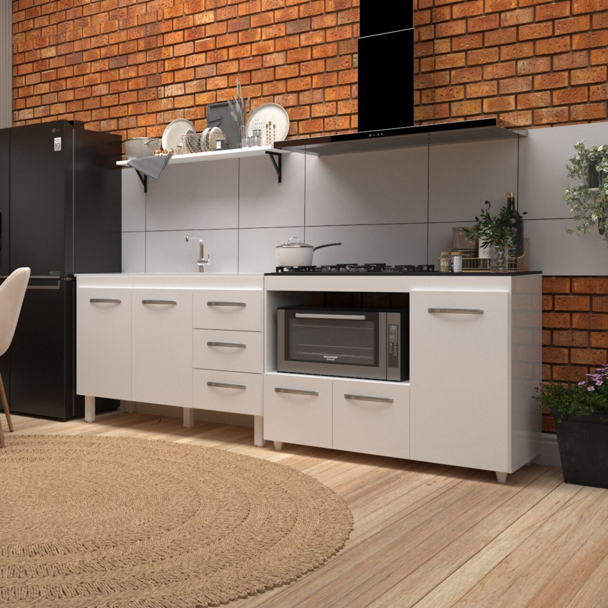 Kit Balcão para Pia 118 cm Bianca Branco com Balcão para Cooktop 5 Bocas Ana Branco 