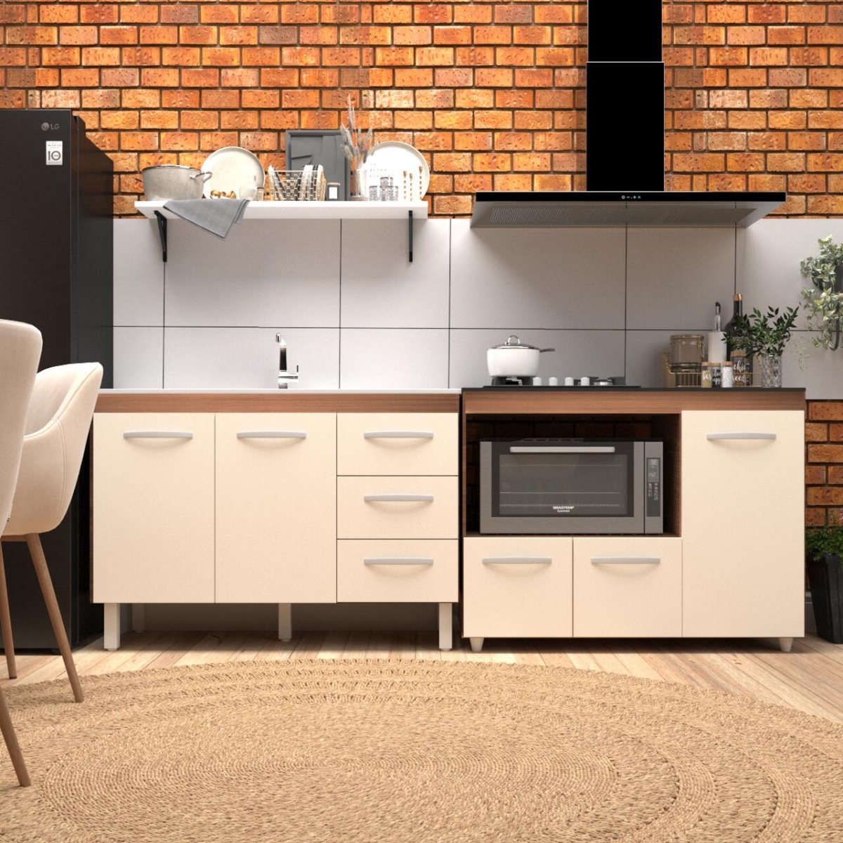 Kit Balcão para Pia 118 cm Bianca Savana Frente Off-White com Balcão para Cooktop 4 Bocas Ana Savana Frente Off-White 