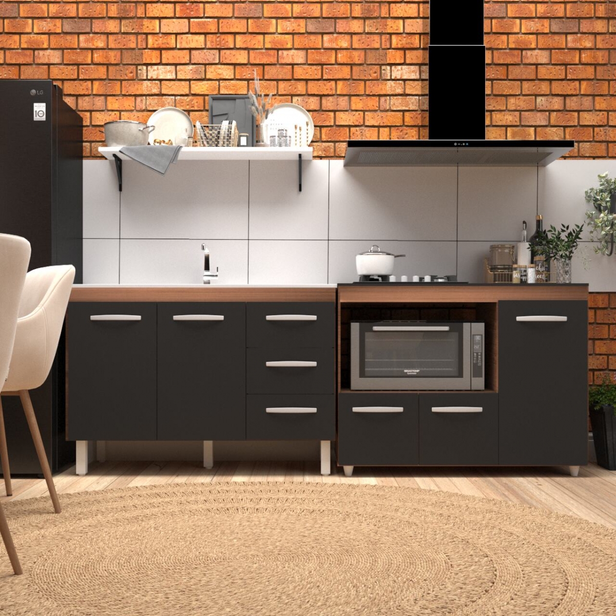 Kit Balcão para Pia 118 cm Bianca Savana Frente Preto com Balcão para Cooktop 4 Bocas Ana Savana Frente Preto 