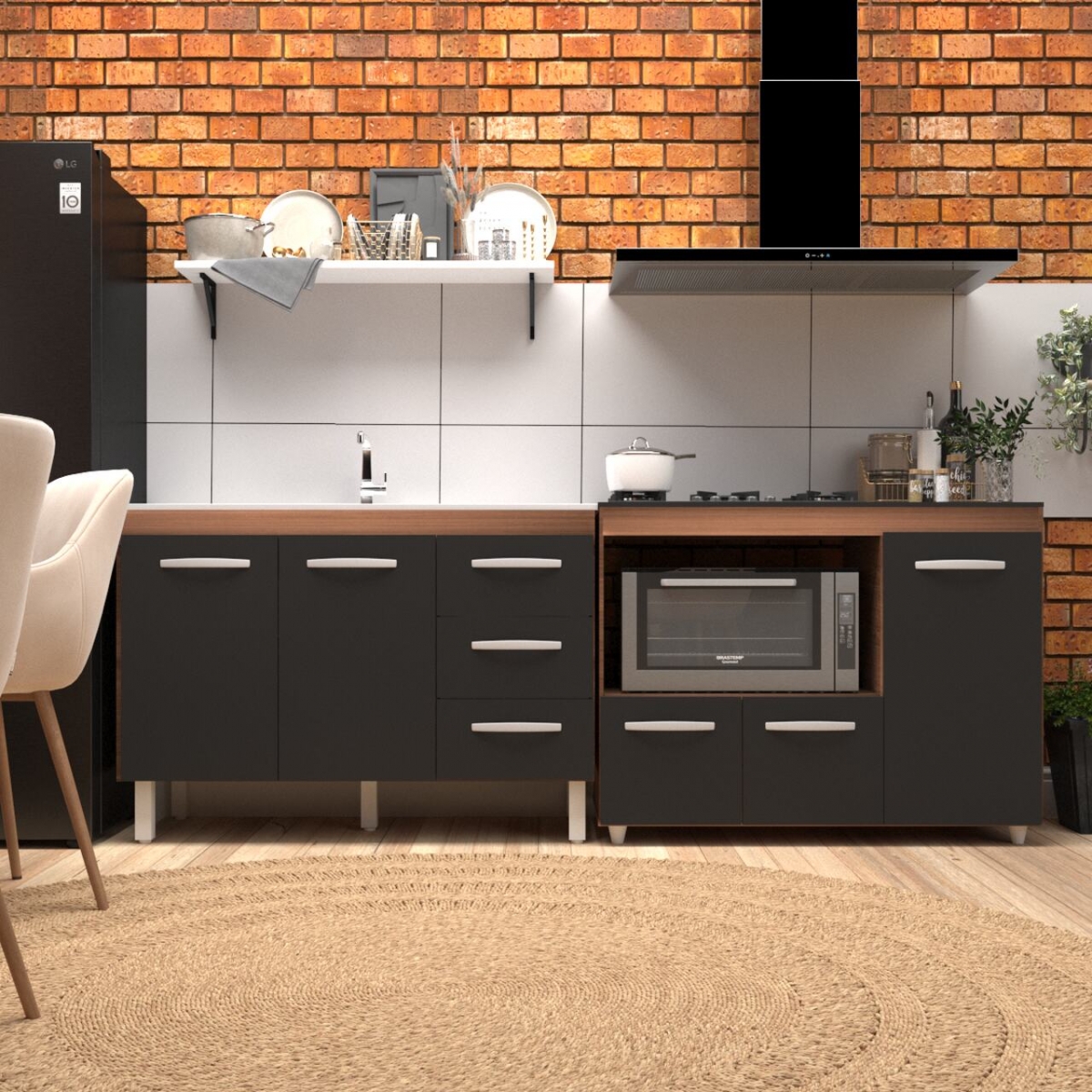 Kit Balcão para Pia 118 cm Bianca Savana Frente Preto com Balcão para Cooktop 5 Bocas Ana Savana Frente Preto