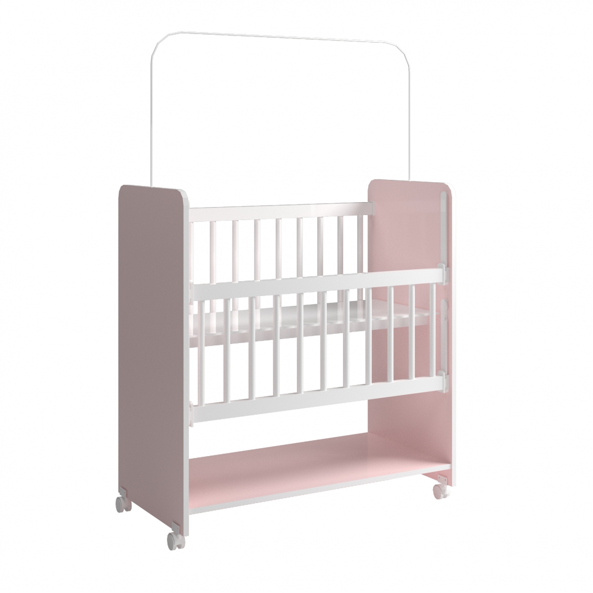 Mini Berço Compacto Portátil Para Bebê com Grade Movel Rodízio Colchão Suporte Mosquiteiro e Prateleira Rosa Branco 