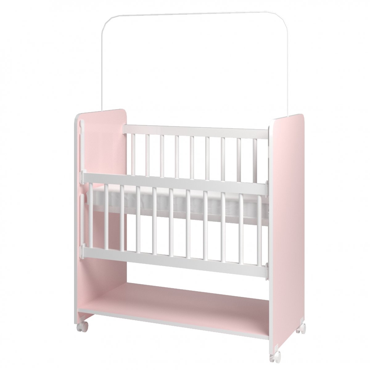 Mini Berço Compacto Portátil Para Bebê com Grade Movel Rodízio Colchão Suporte Mosquiteiro e Prateleira Rosa Branco 
