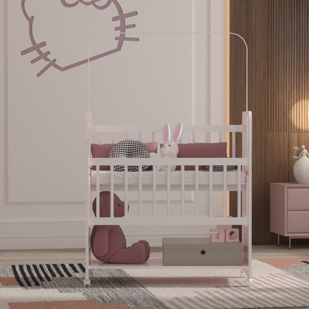 Mini Berço Compacto Portátil Para Bebê com Grade Movel Rodízio Colchão Suporte Mosquiteiro e Prateleira Rosa Branco 