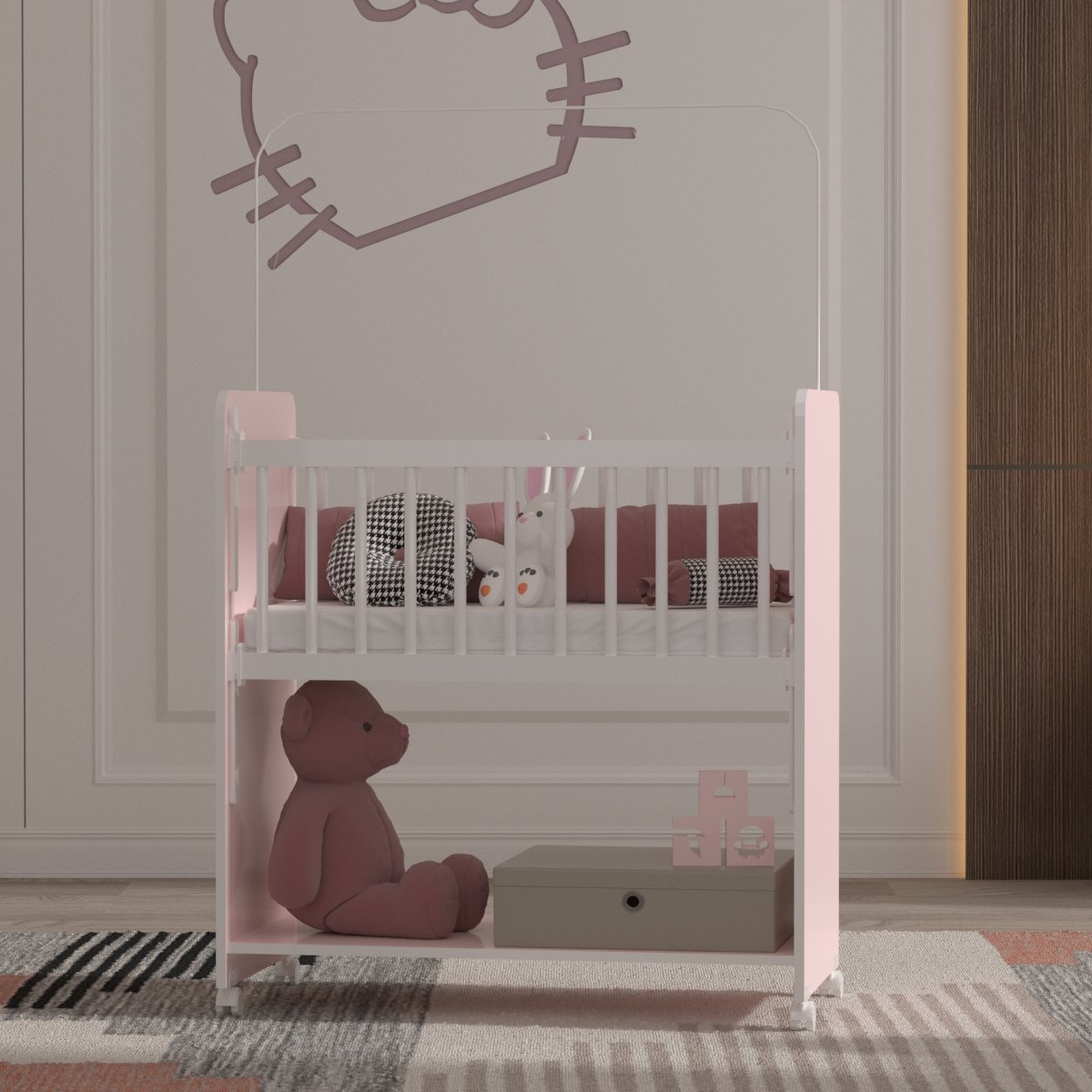 Mini Berço Compacto Portátil Para Bebê com Grade Movel Rodízio Colchão Suporte Mosquiteiro e Prateleira Rosa Branco 