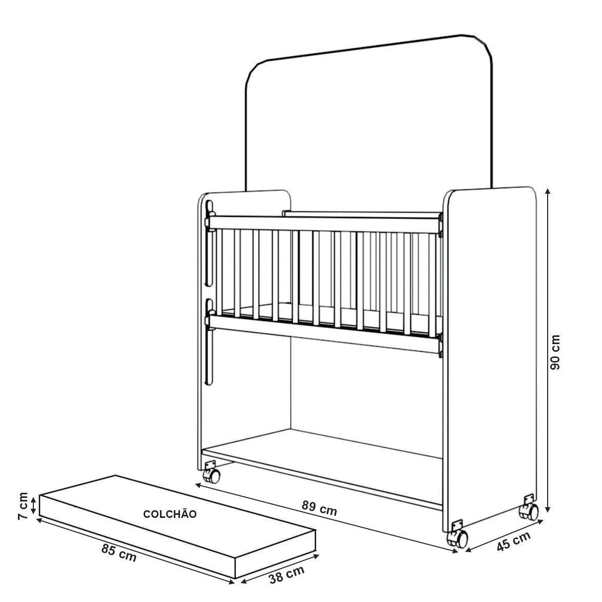 Mini Berço Compacto Portátil Para Bebê com Grade Movel Rodízio Colchão Suporte Mosquiteiro e Prateleira Rosa Branco 