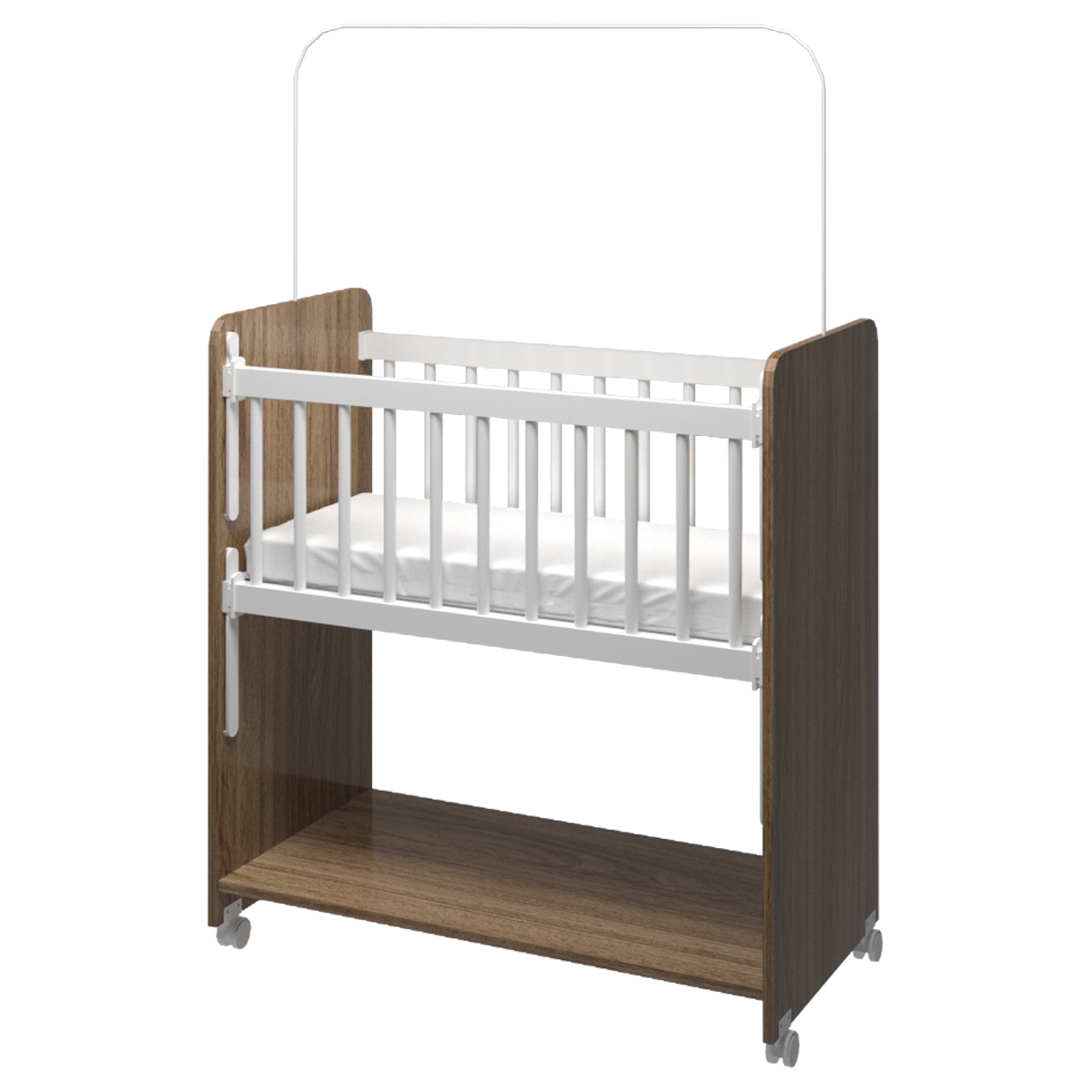 Mini Berço Compacto Portátil Para Bebê com Grade Movel Rodízio Colchão Suporte Mosquiteiro e Prateleira Savana Branco 