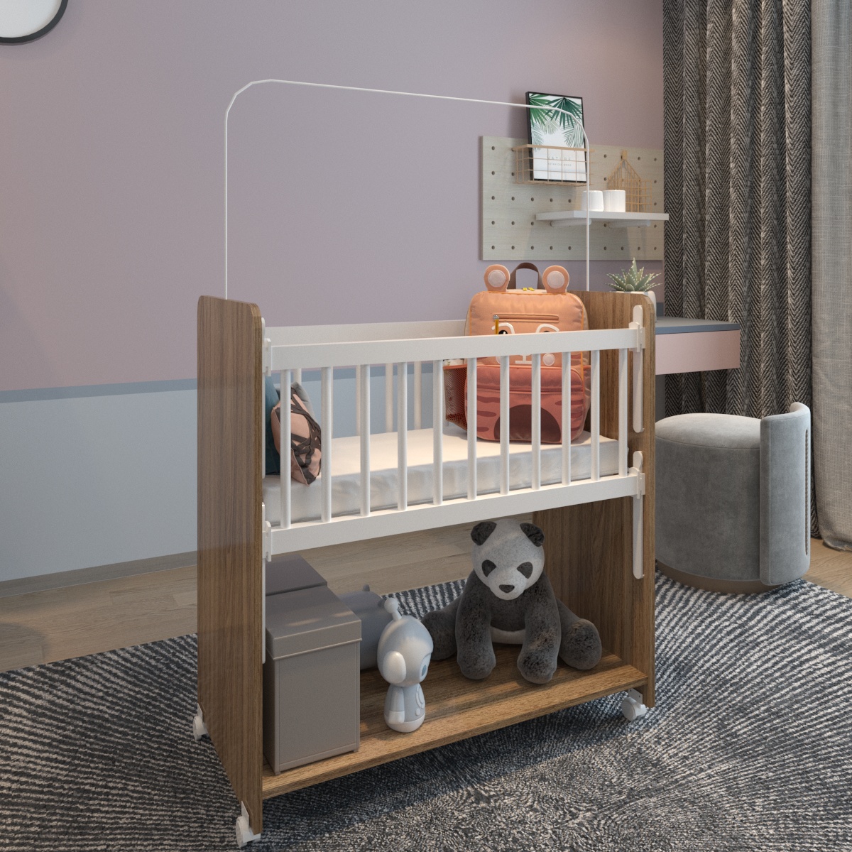 Mini Berço Compacto Portátil Para Bebê com Grade Movel Rodízio Colchão Suporte Mosquiteiro e Prateleira Savana Branco 