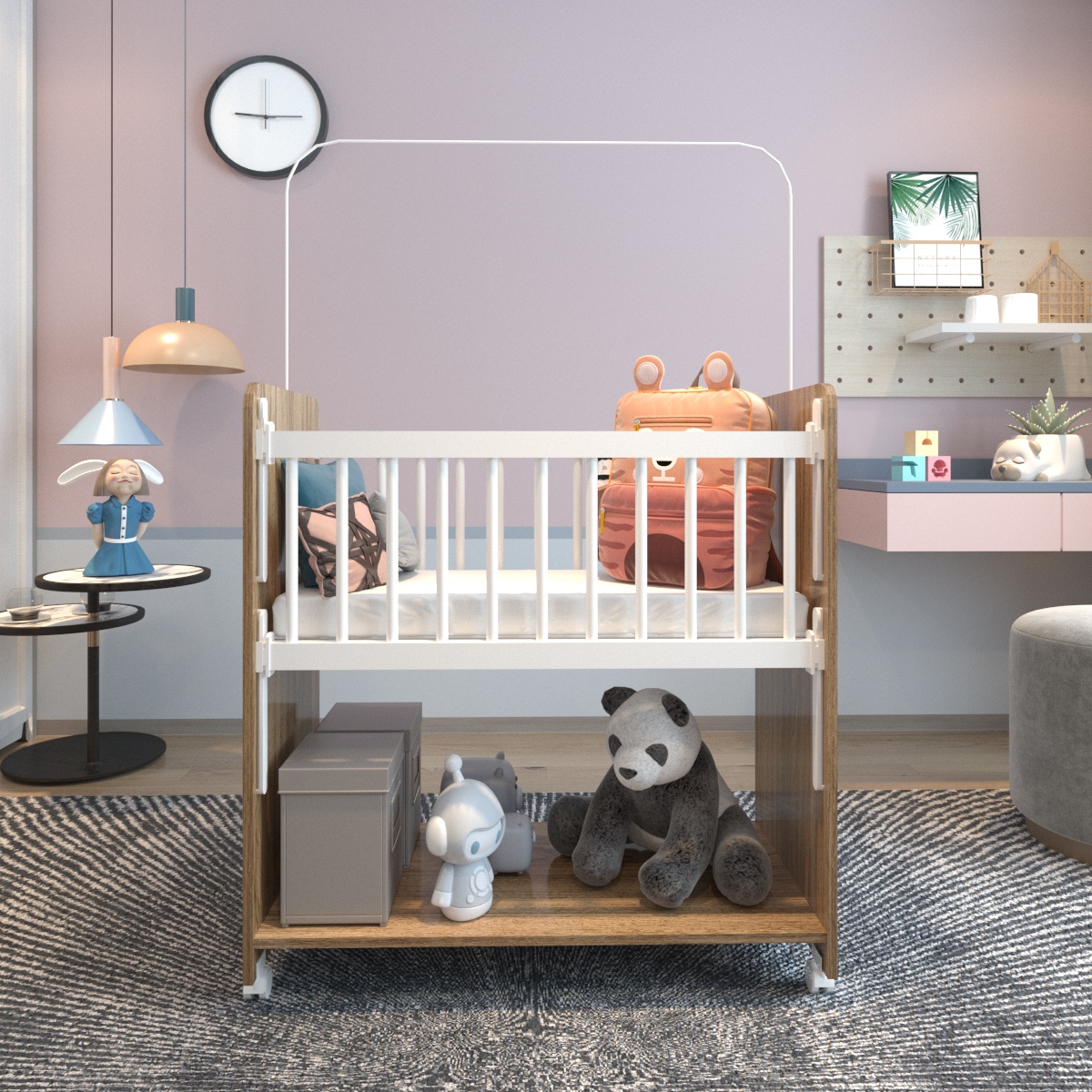 Mini Berço Compacto Portátil Para Bebê com Grade Movel Rodízio Colchão Suporte Mosquiteiro e Prateleira Savana Branco 