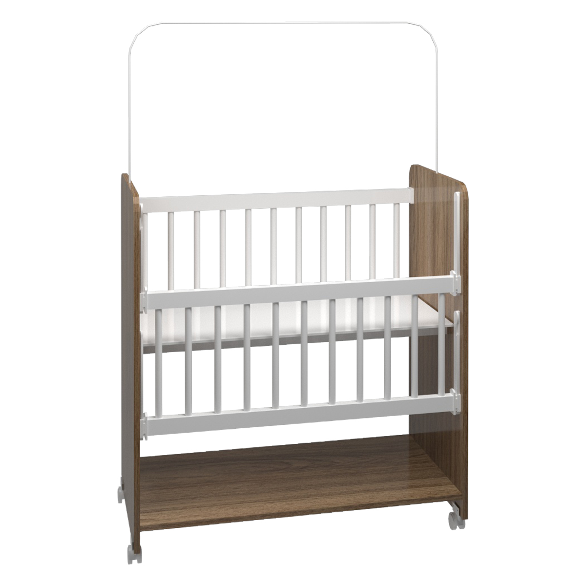 Mini Berço Compacto Portátil Para Bebê com Grade Movel Rodízio Colchão Suporte Mosquiteiro e Prateleira Savana Branco 