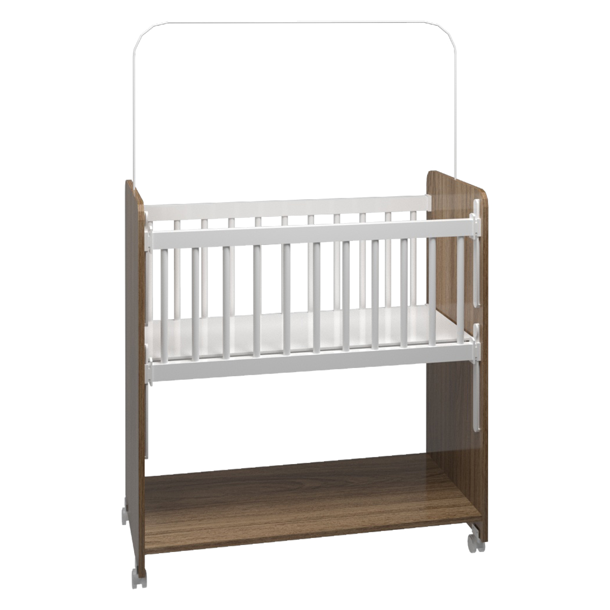 Mini Berço Compacto Portátil Para Bebê com Grade Movel Rodízio Colchão Suporte Mosquiteiro e Prateleira Savana Branco 
