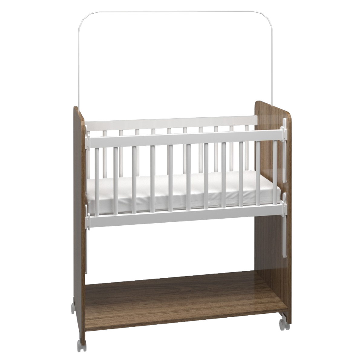 Mini Berço Compacto Portátil Para Bebê com Grade Movel Rodízio Colchão Suporte Mosquiteiro e Prateleira Savana Branco 