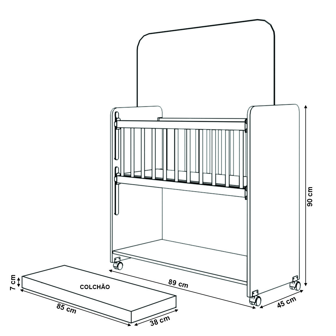 Mini Berço Compacto Portátil Para Bebê com Grade Movel Rodízio Colchão Suporte Mosquiteiro e Prateleira Savana Branco 