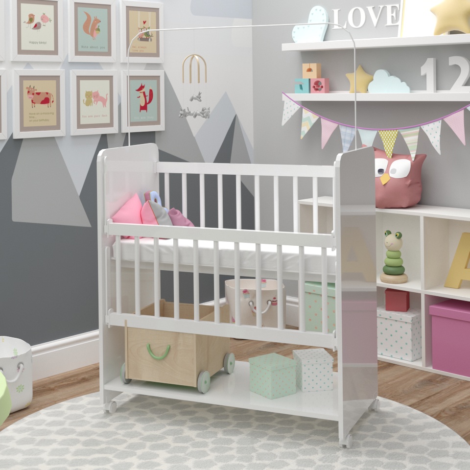 Mini Berço Compacto Portátil Para Bebê com Grade Movel Rodízio Colchão Suporte Para Mosquiteiro e Prateleira Branco 