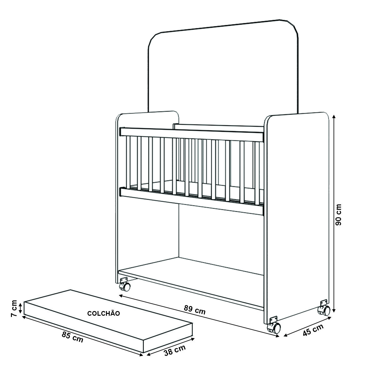 Mini Berço Compacto Portátil Para Bebê com Rodízio Colchão Suporte Para Mosquiteiro e Prateleira Branco 