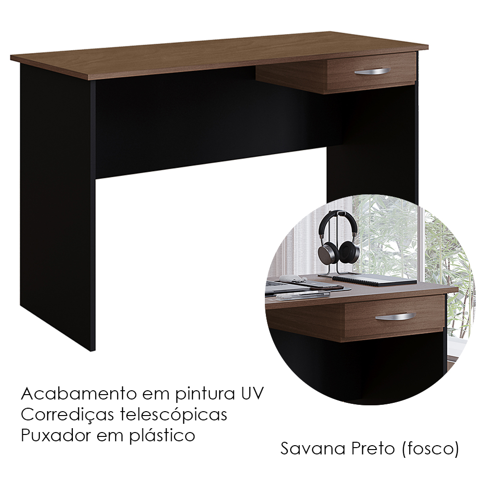 Mesa Para Escritorio 1 Gaveta 120 cm 6901 Savana Preto Mobbs